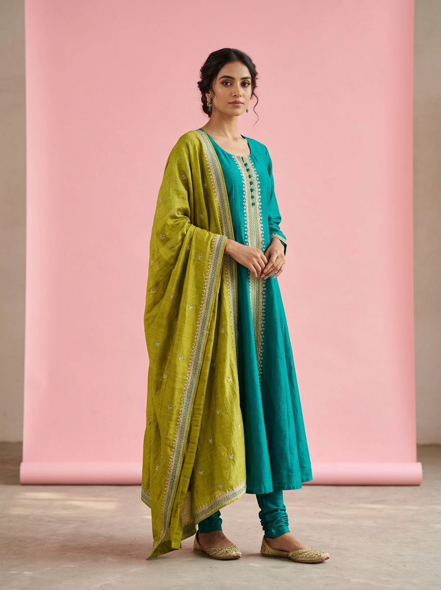 Emerald & Lime Silk Anarkali