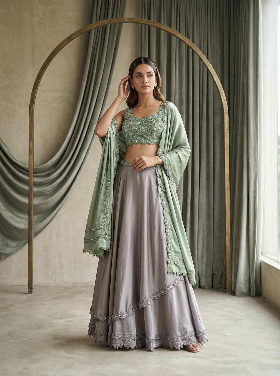 Grey & Sage Embellished Lehenga Set