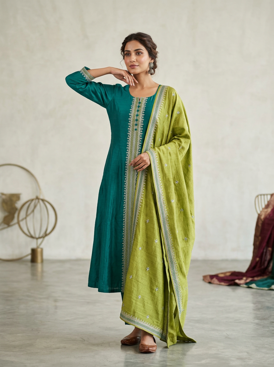 Teal & Lime Embroidered Suit Set
