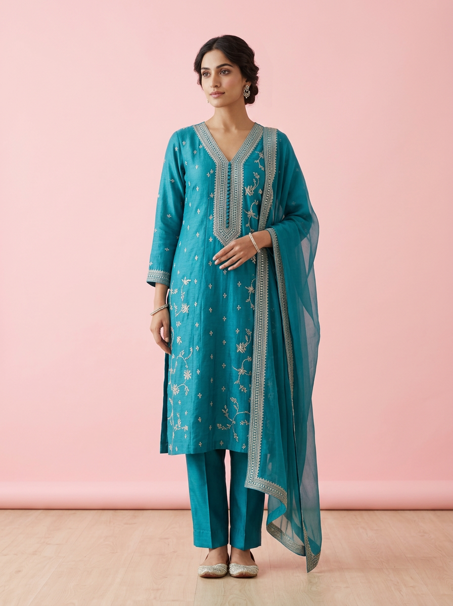 Peacock Teal Zardozi Kurta