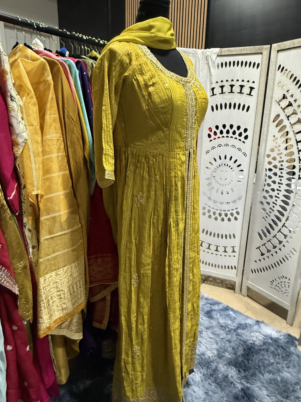Mustard Chinon Pleated Anarkali